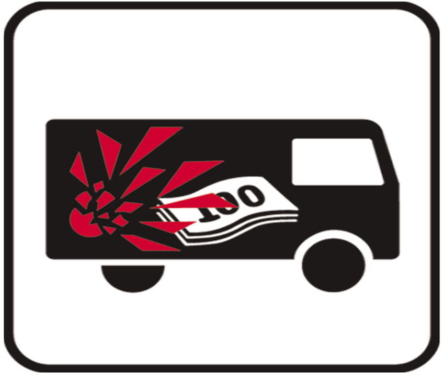 Intelligens bankjegy-érvénytelenítő rendszerrel felszerelt pénzszállító jármű piktogramja