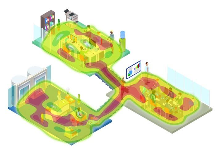 Egy irodaépület kihasználtsági térképe – a hőtérképhez hasonlóan pirossal a gyakran használt („forróbb”) területek Forrás: vedelem.hu